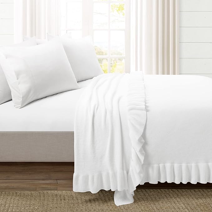 Lush Decor Reyna Soft Knitted Ruffle Throw Blanket, 104" W x 88" L, White - Classic Ruffled Bedding - Knit Blanket - Cozy Oversized Blanket For Bed or Couch - Vintage, Minimalist & Cottage Home Decor - LeafyLoom