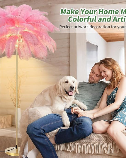 Feather Lamp, Natural Ostrich Feather Floor Lamp for Living Room, 63in Height, 3 Color Temperatures Bright LED Bulbs, Modern Funky Tall Lamp Standing Light for Bedroom (Pink) - LeafyLoom