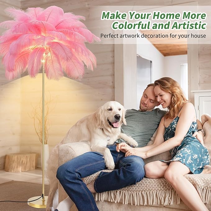 Feather Lamp, Natural Ostrich Feather Floor Lamp for Living Room, 63in Height, 3 Color Temperatures Bright LED Bulbs, Modern Funky Tall Lamp Standing Light for Bedroom (Pink) - LeafyLoom