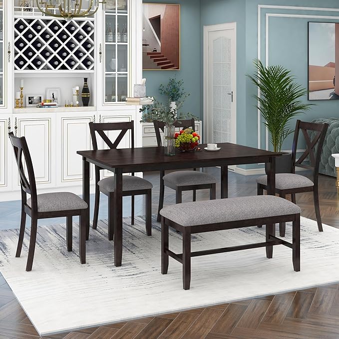 6-Piece Classic Dinette Sets Rectangular Wooden Kitchen Dining Table, 4 Fabric Chairs & Bench, for Diningroom Living Room, Easy to Assemble, Espresso 4 - LeafyLoom