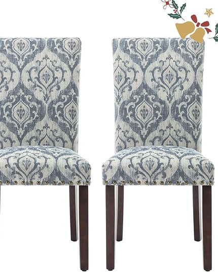 Parsons Dining Chairs Set of 2, Upholstered Nailhead Dining Room Kitchen Side Chair with Thick Cushions and Wood Legs, White/Blue - LeafyLoom