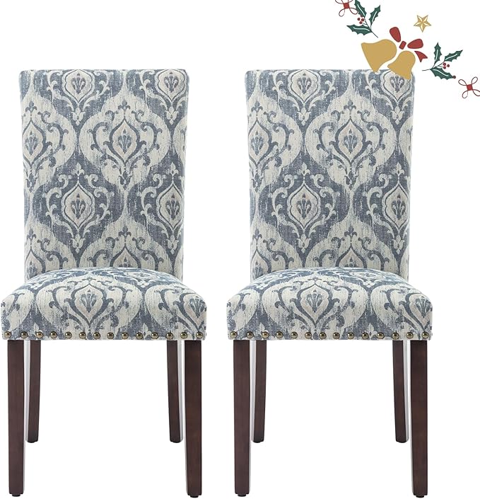 Parsons Dining Chairs Set of 2, Upholstered Nailhead Dining Room Kitchen Side Chair with Thick Cushions and Wood Legs, White/Blue - LeafyLoom