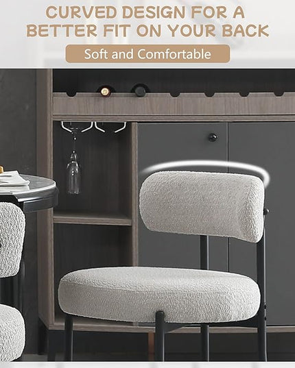 Light Grey Dining Chairs Set of 2 Round Upholstered Boucle Dining Room Chairs Mid-Century Modern Kitchen Chairs Curved Backrest Chairs for Dining Room Black Metal Legs - LeafyLoom