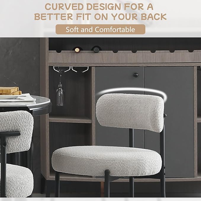 Light Grey Dining Chairs Set of 2 Round Upholstered Boucle Dining Room Chairs Mid-Century Modern Kitchen Chairs Curved Backrest Chairs for Dining Room Black Metal Legs - LeafyLoom