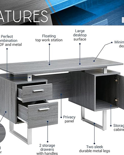Techni Mobili Modern Office Desk with Storage, Gray - LeafyLoom