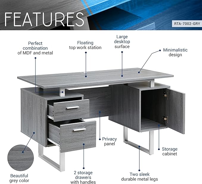 Techni Mobili Modern Office Desk with Storage, Gray - LeafyLoom