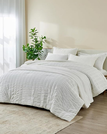 Full/Queen 100% Cotton Comforter Set | White Puckered Striped Down Alternative Comforter | All Season, Linen-Like, Textured 3 Piece Bedding Comforter Set (Full/Queen, White) - LeafyLoom