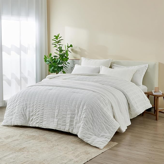 Full/Queen 100% Cotton Comforter Set | White Puckered Striped Down Alternative Comforter | All Season, Linen-Like, Textured 3 Piece Bedding Comforter Set (Full/Queen, White) - LeafyLoom
