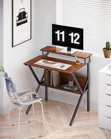 ODK Small Desk, 27.5 Inch Small Computer Desk for Small Spaces, Compact Desk with Storage, Tiny Desk Study Desk with Monitor Stand for Home Office, Espresso - LeafyLoom