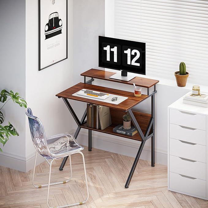ODK Small Desk, 27.5 Inch Small Computer Desk for Small Spaces, Compact Desk with Storage, Tiny Desk Study Desk with Monitor Stand for Home Office, Espresso - LeafyLoom