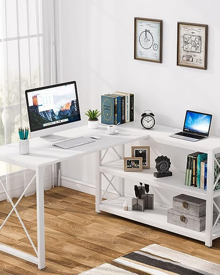 Tribesigns Reversible Industrial L-Shaped Desk with Storage Shelves, Corner Computer Desk PC Laptop Study Table Workstation for Home Office Small Space (White, 53") - LeafyLoom