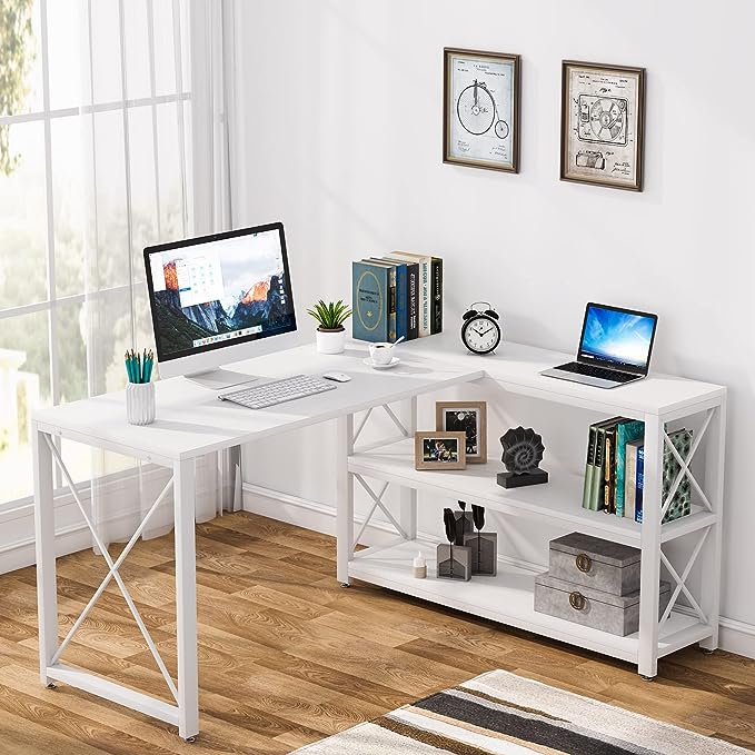 Tribesigns Reversible Industrial L-Shaped Desk with Storage Shelves, Corner Computer Desk PC Laptop Study Table Workstation for Home Office Small Space (White, 53") - LeafyLoom