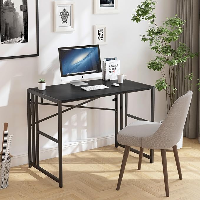 31 Inch Folding Small Computer Desk, Foldable Space-Saving Home Office Table, Simple Study Writing Gaming Workstation for Small Space, No Assembly Needed, Black - LeafyLoom