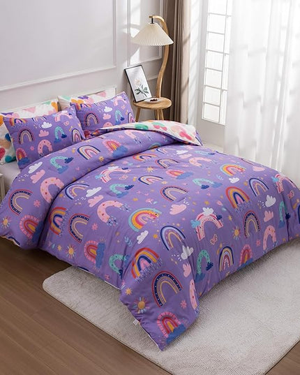 Btargot Lightweight Soft 3 Piece Rainbow Comforter Set with 2 Pillow Covers, Cartoon Love Hearts Flowers and Sun Star Bedding Set for Girls Boys Kids, Twin Dark Purple - LeafyLoom