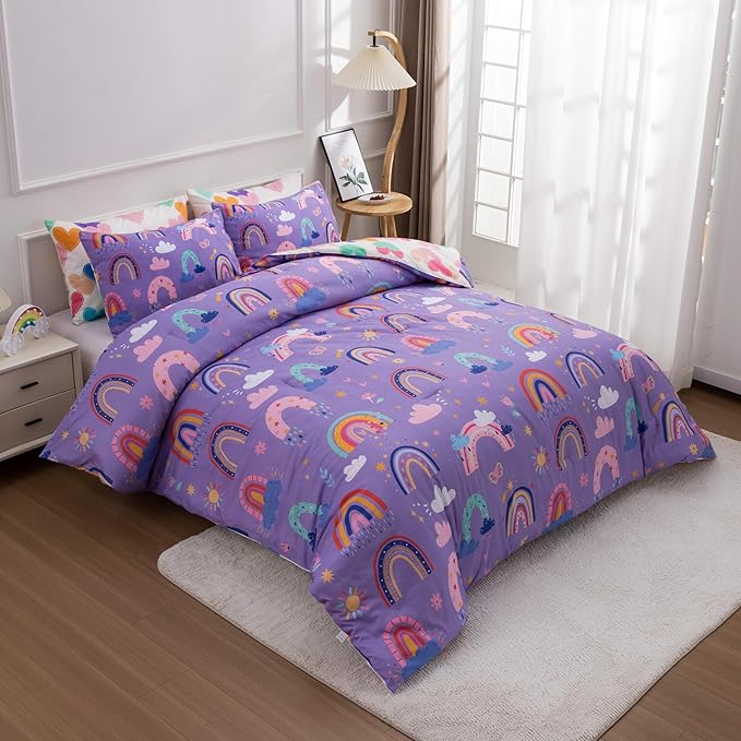 Btargot Lightweight Soft 3 Piece Rainbow Comforter Set with 2 Pillow Covers, Cartoon Love Hearts Flowers and Sun Star Bedding Set for Girls Boys Kids, Twin Dark Purple - LeafyLoom