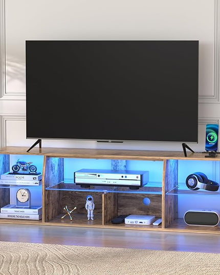 VECELO LED TV Stand Power Outlet for 65 inch Gaming Entertainment Center with 7 Open Storage Shelves, Industrial Television Cabinet for Living Room, Bedroom, Light Brown, 65inch - LeafyLoom