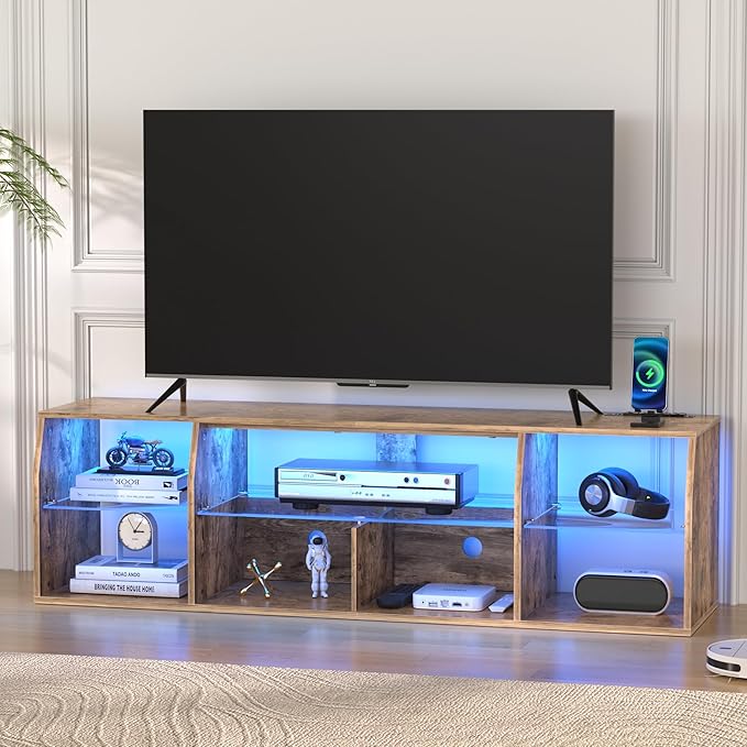 VECELO LED TV Stand Power Outlet for 65 inch Gaming Entertainment Center with 7 Open Storage Shelves, Industrial Television Cabinet for Living Room, Bedroom, Light Brown, 65inch - LeafyLoom