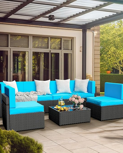 Pamapic 7-Piece Outdoor Furniture,All-Weather Wicker Modular Sectional Sofa with Patio Crystal Coffee Table, Adjustable Reclining Sectional Couch with Washable Removable Cushion Covers, Light Blue - LeafyLoom