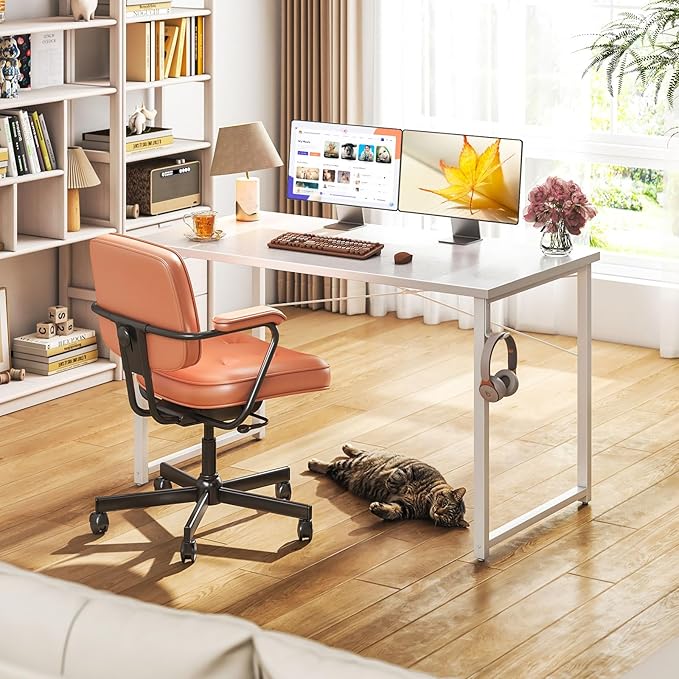 Coleshome 48 Inch Computer Desk, Modern Simple Style Desk for Home Office, Study Student Writing Desk, White - LeafyLoom