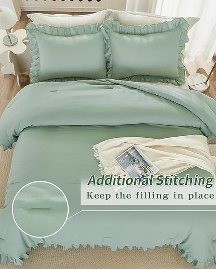 Andency Sage Green California King Comforter Set, 3 Pieces Farmhouse Shabby Chic Cal King Size Ruffle Bed Set, Oversized Soft Lightweight Microfiber Bedding Set - LeafyLoom