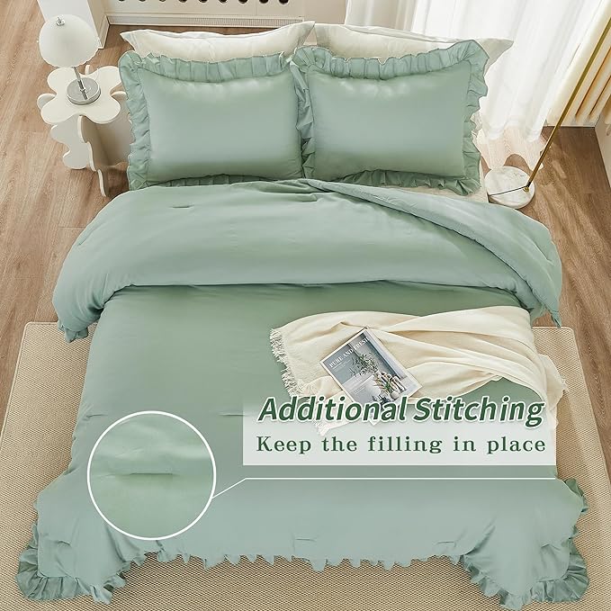 Andency Queen Size Comforter Set, Sage Green Ruffle Bedding Set, 3 Pieces Boho Comforter for Queen Bed, Farmhouse Ruffle Bed Comforter Set, Lightweight and Soft Bedding Comforter for All Seasons - LeafyLoom