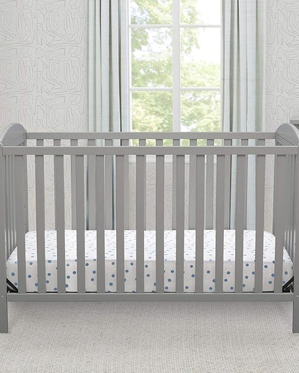 Delta Children Twinkle 4-in-1 Convertible Baby Crib, Sustainable New Zealand Wood, Grey and Delta Children Twinkle Galaxy Dual Sided Recycled Fiber Core Crib and Toddler Mattress (Bundle) - LeafyLoom