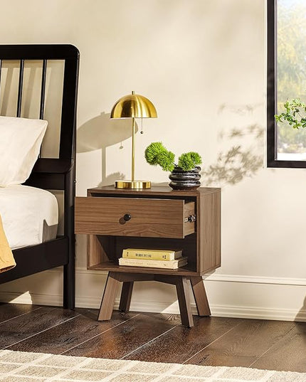 Walker Edison Mid-Century Modern 1 Nightstand Bedroom Storage Drawer and Shelf Bedside End Table, 21 Inch, Mocha - LeafyLoom