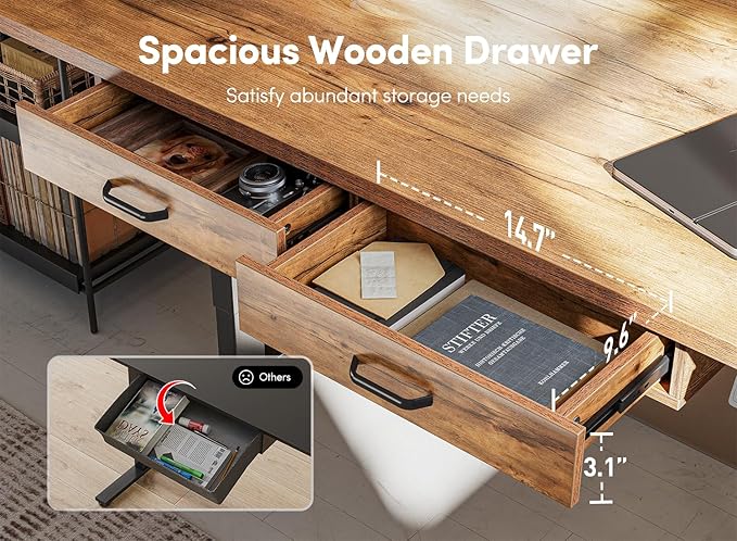 FEZIBO Adjustable Height Electric Standing Desk with Double Drawer, 55x 24 Inches Stand Up Home Office Desk with Splice Tabletop, Black Frame/Fir Brown Top - LeafyLoom