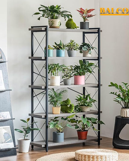 HCHQHS Bookshelf, 5-Tier Industrial Bookcase, Rustic Open Book Shelf, Freestanding Tall Bookshelves with Metal Frame - LeafyLoom