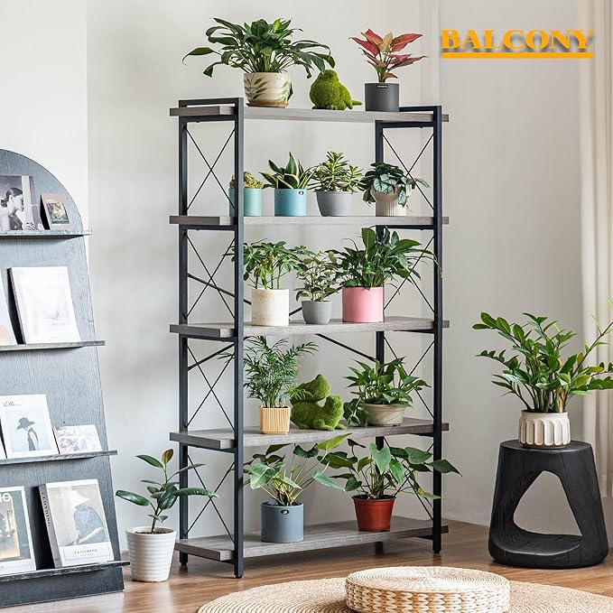 HCHQHS Bookshelf, 5-Tier Industrial Bookcase, Rustic Open Book Shelf, Freestanding Tall Bookshelves with Metal Frame - LeafyLoom
