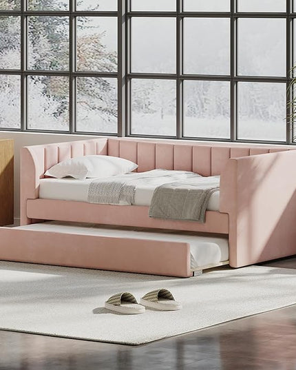 Twin Size Upholstered Velvet Daybed with Trundle,Wood Bed Frame w/ 2 Armrests,Slat Support,No Box Spring Needed,for Small Living Spaces and Accommodating Guests,Pink - LeafyLoom