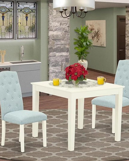 East West Furniture Oxford 3 Piece Set for Small Spaces Contains a Square Dining Room Table and 2 Baby Blue Fabric Upholstered Chairs, 36x36 Inch, Linen White - LeafyLoom