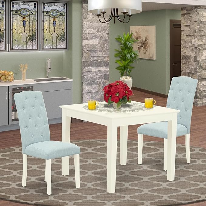East West Furniture Oxford 3 Piece Set for Small Spaces Contains a Square Dining Room Table and 2 Baby Blue Fabric Upholstered Chairs, 36x36 Inch, Linen White - LeafyLoom