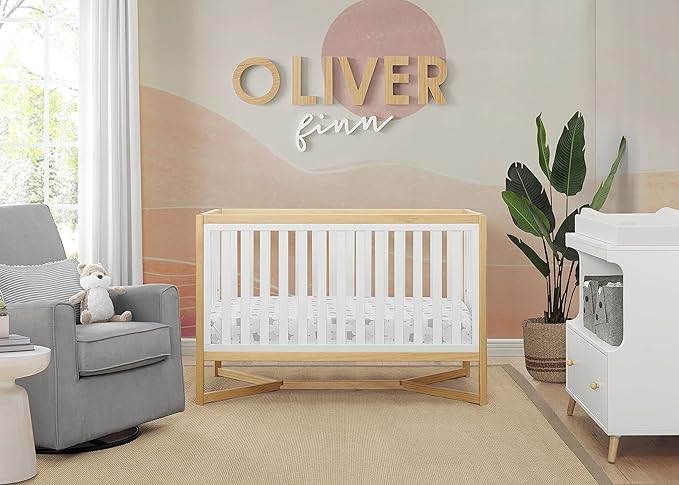 Delta Children Tribeca 4-in-1 Baby Convertible Crib + Simmons Kids Quiet Nights Crib and Toddler Mattress Made from Recycled Water Bottles/GREENGUARD Gold Certified [Bundle], Bianca White/Natural - LeafyLoom