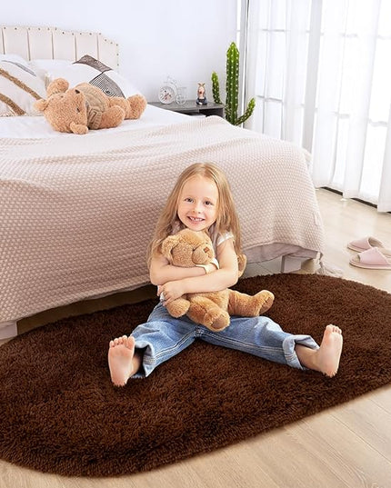 Merelax Soft Shaggy Rug for Kids Bedroom Oval 2.6'x5.3' Brown Plush Fluffy Carpet for Living Room, Furry Carpet for Teen Girls Room, Anti-skid Fuzzy Comfy Rug for Nursery Decor Cute Baby Play Mat - LeafyLoom