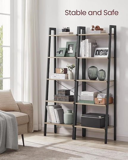 VASAGLE Ladder Shelf, 5-Tier Bookshelf, Storage Rack, Bookcase with Steel Frame, for Living Room Home Office, Kitchen, Bedroom, Industrial Style, Camel Brown + Black - LeafyLoom