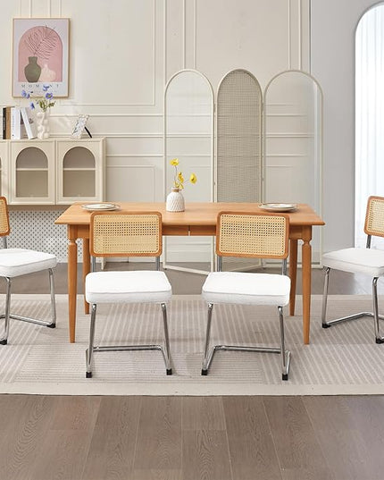 Rattan Dining Chairs Set of 2, Mid Century Modern Sherpa Dining Room Kitchen Chairs with Cane Back, Metal Chrome Legs, Upholstered Wicker Armless Accent Chairs, White - LeafyLoom