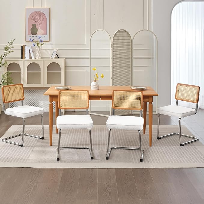 Rattan Dining Chairs Set of 2, Mid Century Modern Sherpa Dining Room Kitchen Chairs with Cane Back, Metal Chrome Legs, Upholstered Wicker Armless Accent Chairs, White - LeafyLoom