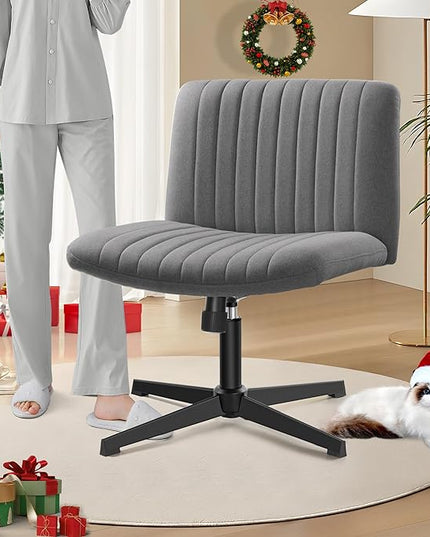 Armless Office Chair no Wheels, Ergonomic Wide Seat Swivel Desk Chair, Height Adjustable Cross Legged Comfortable Computer Chair for Living Room, Vanity Accent Chair Darkgray - LeafyLoom