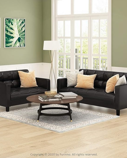 Furinno Brive Contemporary Tufted Faux Leather 3-Seater Sofa Couch for Living Room, Black Faux Leather - LeafyLoom