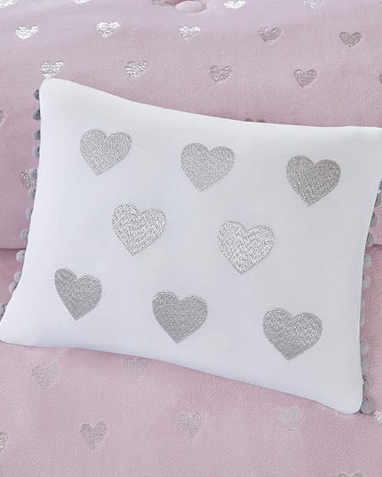 Mi Zone Rosalie Comforter Set for Girls, Ultra-Soft Microlight Plush Metallic Printed Hearts Brushed Reverse Overfilled Down Alternative Hypoallergenic All Season, Twin/Twin XL, Pink/Silver, 3 Piece - LeafyLoom
