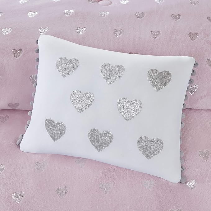 Mi Zone Rosalie Comforter Set for Girls, Ultra-Soft Microlight Plush Metallic Printed Hearts Brushed Reverse Overfilled Down Alternative Hypoallergenic All Season, Twin/Twin XL, Pink/Silver, 3 Piece - LeafyLoom