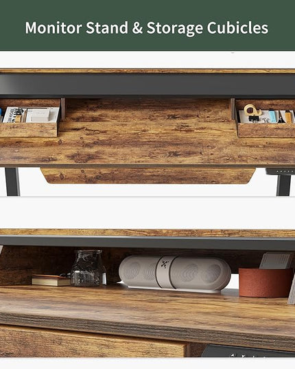 FEZIBO Standing Desk Adjustable Height with Drawers, 48 x 25 Inch Stand Up Desk with Storage Shelf, Electric Standing Desk with Storage Space, Rustic Brown Top/Black Frame - LeafyLoom