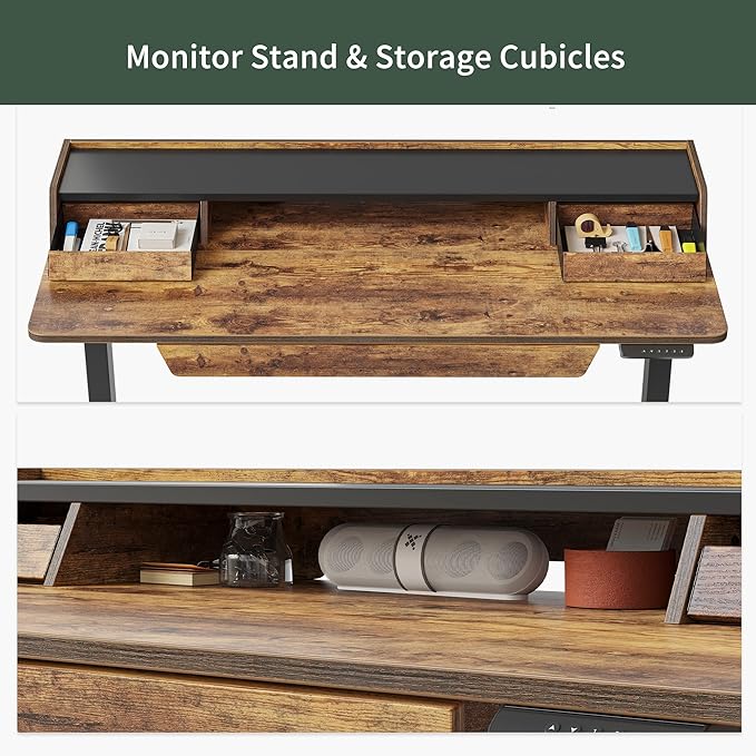 FEZIBO Standing Desk Adjustable Height with Drawers, 48 x 25 Inch Stand Up Desk with Storage Shelf, Electric Standing Desk with Storage Space, Rustic Brown Top/Black Frame - LeafyLoom