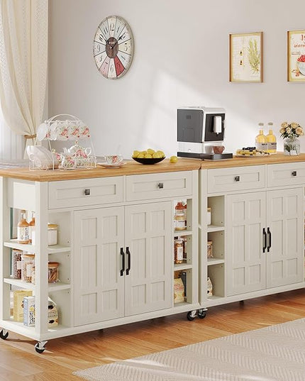 YITAHOME Kitchen Island with Storage Cabinet, Rolling Kitchen Cart on Wheels, Americana Kitchen Island Cabinet with Open Shelves for Kitchen Dining Room, Thicker Rubberwood Top, Off White - LeafyLoom
