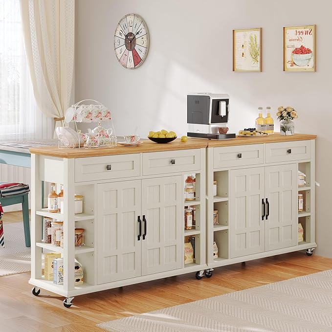 YITAHOME Kitchen Island with Storage Cabinet, Rolling Kitchen Cart on Wheels, Americana Kitchen Island Cabinet with Open Shelves for Kitchen Dining Room, Thicker Rubberwood Top, Off White - LeafyLoom