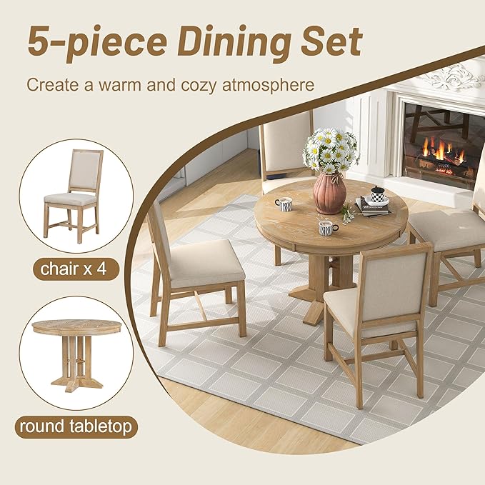 RITSU Farmhouse 5-Piece Dining Set, Included Retro Extendable Round Table with X-Shape Base and 4 Upholstered Chairs, Solid Wood Adjustable Dinette Furniture for Kitchen Living Room, Natural, 1 - LeafyLoom