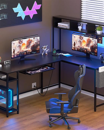 Shintenchi 66" L Shaped Home Office Desk, Reversible Gaming Desk with LED Lights and Power Outlet, Computer Desk with Keyboard Tray, Hook, Storage Bag and Shelf for Home Office, Black - LeafyLoom