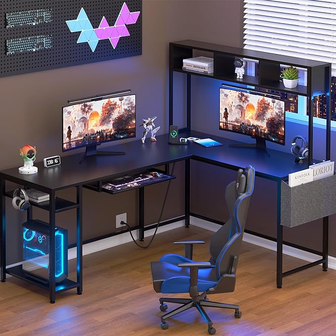 Shintenchi 66" L Shaped Home Office Desk, Reversible Gaming Desk with LED Lights and Power Outlet, Computer Desk with Keyboard Tray, Hook, Storage Bag and Shelf for Home Office, Black - LeafyLoom