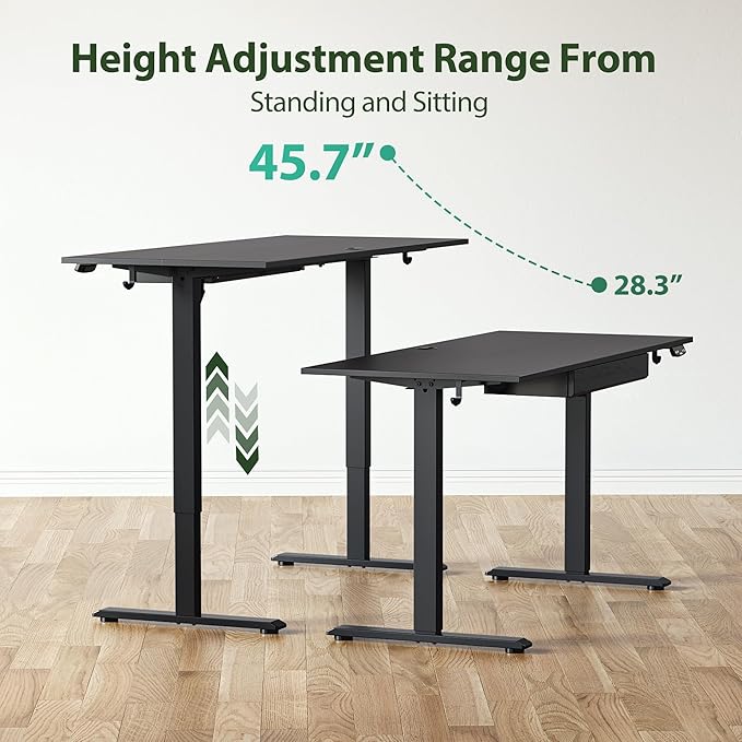 Adjustable Height Electric Standing Desk with Storage Wooden Drawer, 48 x 24 Inches Stand Up Home Office Computer Gaming Table with Splice Board for Work Office Home, Black - LeafyLoom